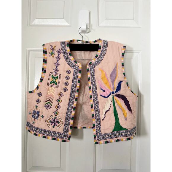 Zara Embroidered Vest Palm Tree Geometric Open Front Crop Pink Women's Large - Picture 2 of 6